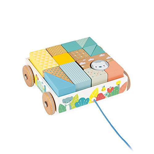 Janod - Pure Holzblöcke mit Ziehwagen, Spielzeug für frühkindliches Lernen, mit 16 Bausteinen, fördert motorische Fähigkeiten, Farbe auf Wasserbasis, ab 18 Monaten, J05152 von Janod