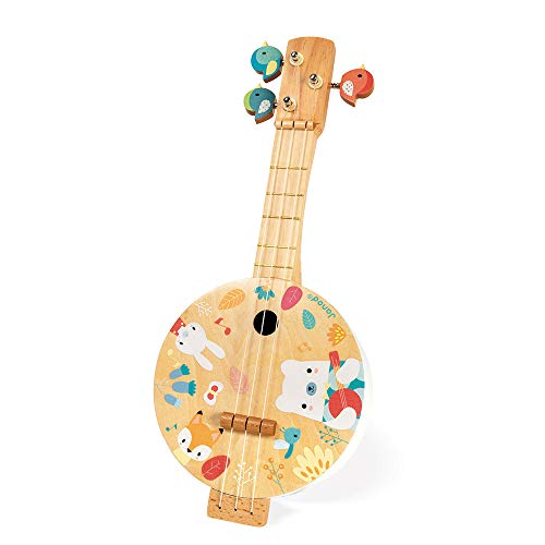 Janod - Pure Banjo - Holz Musikinstrument für Kinder mit Hübschen Illustrationen - Stimmschlüssel in Vogelform - 3 Ersatzsaiten - Farben auf Wasserbasis - Ab 3 Jahren, J05160 von Janod