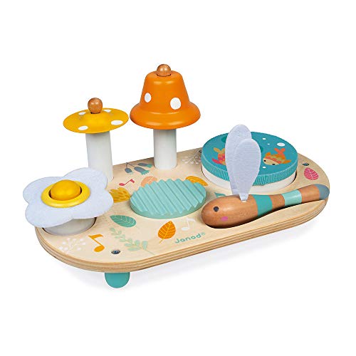 Janod - Pure Musiktisch mit 5 Funktionen - Kinder Spieltisch aus Holz - Musikalisches Holzspielzeug - Mit Zimbel, Glocke, Waschbrett und Tamburin - Baby Spielzeug ab 1 Jahr, J05164 von Janod