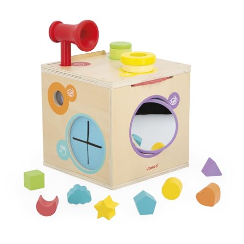 Janod - Motorik- und Greifwürfel - Spiel zur Förderung der Sensorik - Sensorbox - Activity Cube - 12 Zubehörteile - Formen und Farben Lernen - Die Sinne wecken - Holzspielzeug - Ab 18 Monate - J05307 von Janod