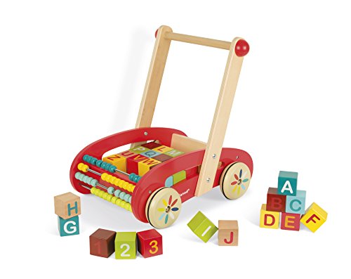 Janod - Tatoo Abc Buggy Wooden Walker for Children - 30 Blocks Included - For children from the Age of 1, J05379, Red von Janod