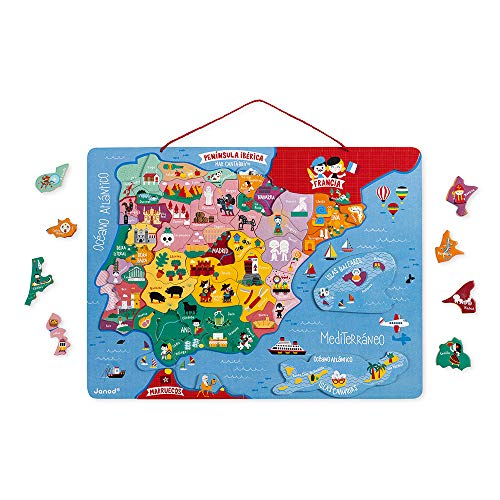 Janod Spanienkarte, magnetisch, Puzzle für Kinder aus Holz, 60 magnetische Teile, Entdecken und Merken, Geographie-Lernspiel, ab 7 Jahren, J05478 von Janod