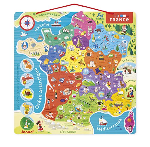 Janod - Magnetische Landkarte ‘Frankreich’ aus Holz - Magnet-Puzzle mit 93 Magneten - Kinderpuzzle - Karte zum Aufhängen an der Wand - Lernspiel - Französisch - Ab 7 Jahren, J05480 von Janod
