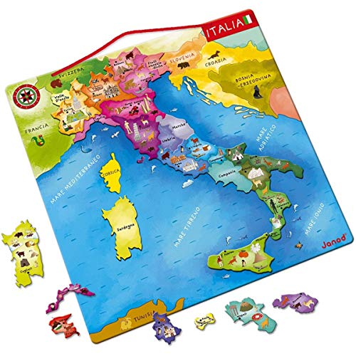 Janod Italienkarte, magnetisch, Puzzle für Kinder aus Holz, 20 magnetische Teile, Entdecken und Merken, Geographie-Lernspiel, ab 7 Jahren, J05488, Naturholz von Janod