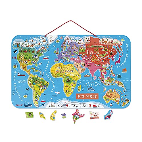 Janod Puzzle Weltkarte - Magnetische Landkarte aus Holz, 92 Magnetische Puzzle-Teile - 70 x 43 cm - Deutsche Version - Lernspiel ab 7 Jahren, J05490 von Janod
