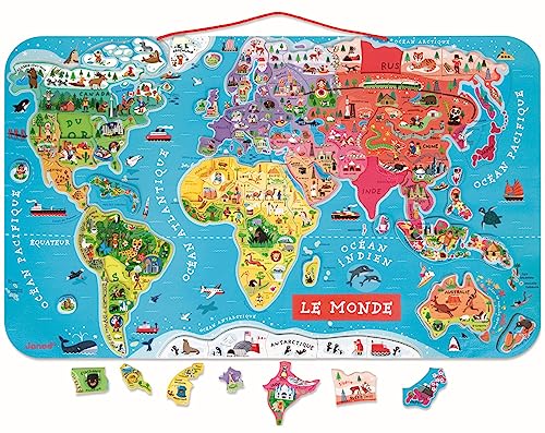 Janod - Magnetisches Weltkarten-Puzzle aus Holz, 92 magnetische Teile, 70 x 43 cm, französische Version, Lernspiel für Kinder ab 7 Jahren, J05500 Metallisches Silber von Janod