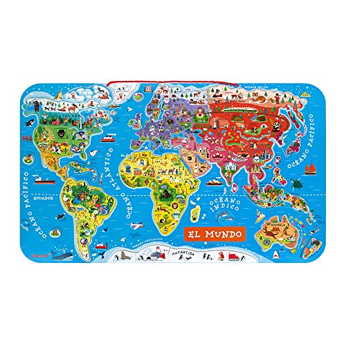 Janod J05503 Puzzle Magnetische Landkarte Die Welt aus Holz 92 Teile, Spanisch von Janod