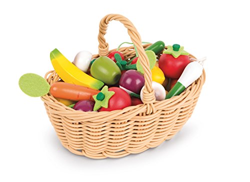 Janod - 24-teiliges Obst- und Gemüse Sortiment im Korb - Einkaufskorb für Kinder - Spielset für Küche oder Kaufmannsladen - Ideal für Rollenspiele - Ab 3 Jahren, J05620 von Janod