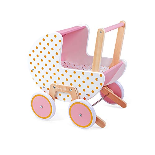 Janod - Holz Puppenwagen ‘Candy Chic’ - Kinderwagen mit Kissen und Decke - Abnehmbares Kippschutz System - Leise Gummiräder- Mit Babyzubehör - Ab 18 Monaten, J05886 von Janod