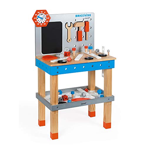 Janod - Brico'Kids Große Holz-Werkbank, Spielzeugnachbildung, mit 40 Zubehörteilen und 3 Werkzeugen, blau und rot, ab 3 Jahren, J06477 von Janod