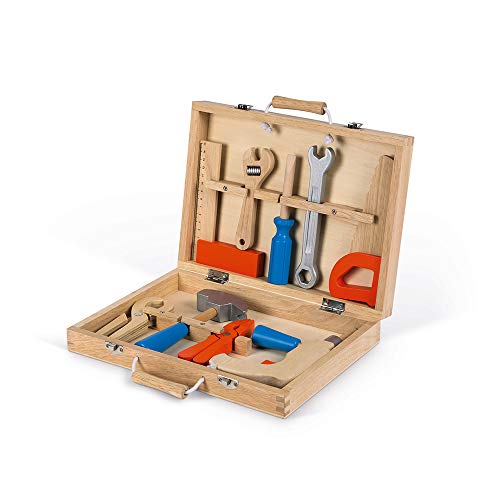 Janod - Brico'Kids Werkzeugkasten, Holz-Werkzeug für Kinder, Spielzeugnachbildung, mit 9 Teilen, ab 3 Jahren, J06481 von Janod