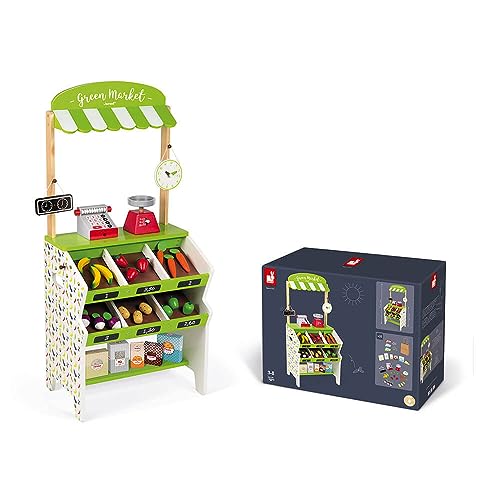 Janod - Green Market Wooden Grocery for Children - 32 Accessories Included - Shopping Pretent Play Toy - For children from the Age of 3, J06574, Green and White von Janod