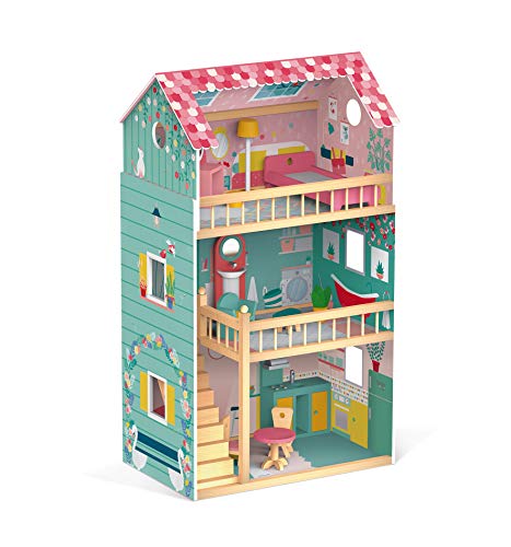 Janod - Happy Day Holz-Puppenhaus, 3 Etagen und mit 12 Zubehörteilen, Spielzeugnachbildung, entwickelt die Fantasie, ab 3 Jahren, J06580 von Janod