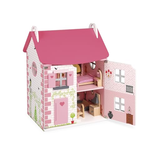Janod - Mademoiselle Holz-Puppenhaus, 3 Etagen und mit 11 Zubehörteilen, Spielzeugnachbildung, entwickelt die Fantasie, ab 3 Jahren, J06581, Rosa von Janod