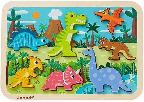 Janod Chunky-Puzzle aus Holz, Dinosaurier, 7 Teile, Entwicklung der Feinmotorik und Konzentration, ab 18 Monaten, J07054 von Janod