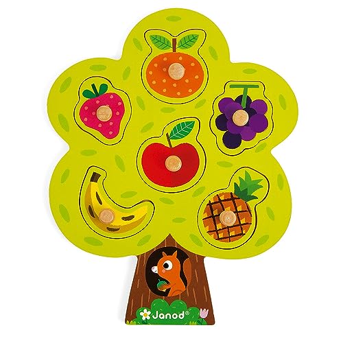 Janod - Fruchtbaum Holz Steckpuzzle - 6 Puzzleteile + 1 Brett - Kinder Holzspielzeug - Motorikspielzeug - Lernspiel für Gedächtnis und Geschicklichkeit - Ab 18 Monaten, J07061 von Janod