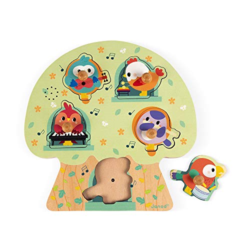 Janod - from 18 Months - Musical Wooden Puzzle Birds in Party - 5 Pieces - First Age Puzzle - Develop Motor Skills - J07092 von Janod