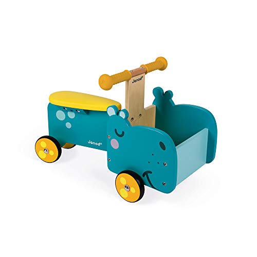 Janod - Hippopotamus Wooden Ride-On for Children - Ergonomic Handles and Silent Wheels - Storage Compartment - Learning Balance - For children from the Age of 1, J08003, Blue and Yellow von Janod