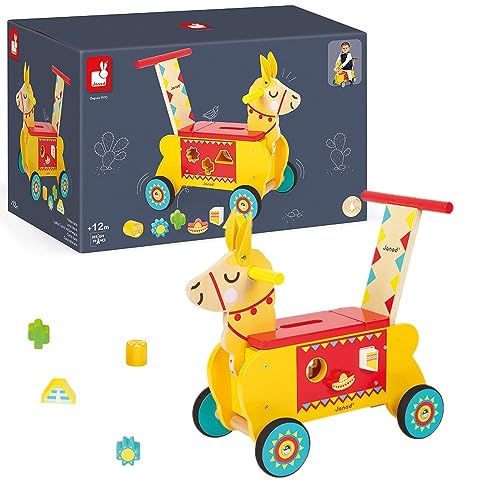 Janod - Wooden Llama Ride-On for Children - Silent Wheels - Storage Compartment and 6 Blocks Included - Learning Balance - For children from the Age of 1, J08004, Yellow and Red von Janod