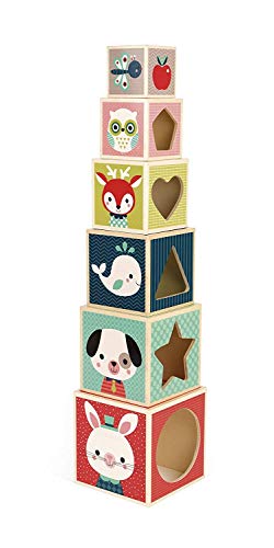 Janod - Baby Forest Holz-Pyramide aus 6 Würfeln, Spielzeug für frühkindliches Lernen, Stapel- und Bauspielzeug, feinmotorische Fähigkeiten und Handhabung, ab 1 Jahr, J08016 von Janod