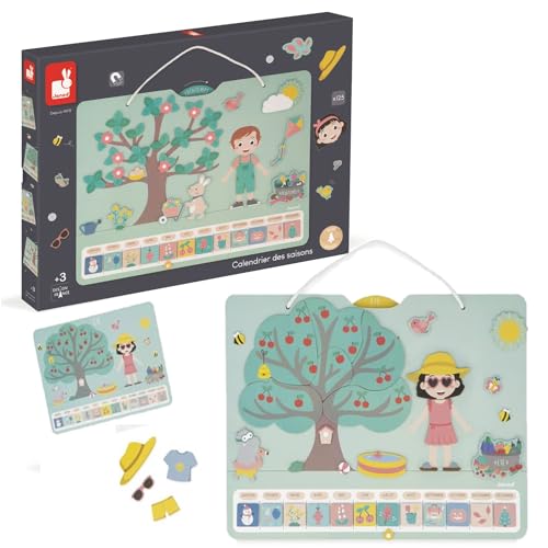 Janod - Jahreszeitenkalender - Holzkalender für Kinder 42 x 32 cm - Magnetisch - 125 Magnete - Jahreszeiten Lernen - auf Englisch - Ab 3 Jahre, J05464 von Janod