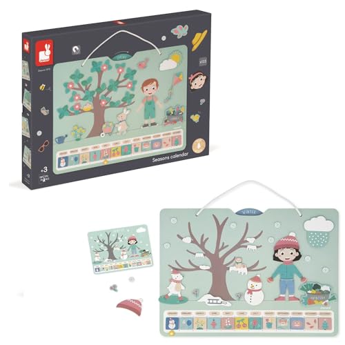Janod - Jahreszeitenkalender – Holzkalender für Kinder 42 x 32 cm – magnetisch – 125 Magnete – Jahreszeiten lernen – auf Französisch – Ab 3 Jahren, J05470 von Janod