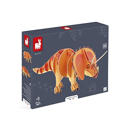 Janod Janod-3D-Kinderpuzzle Triceratops Dinosaurier-32-teiliges 3D-Puzzle-Bauspiel-FSC-Pappe Ab 5 Jahre J05838, Orange von Janod