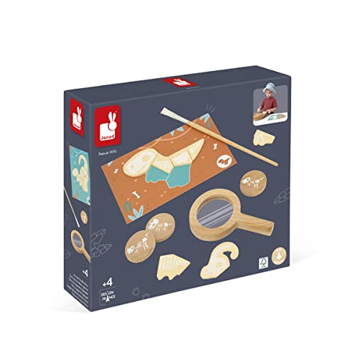 Janod - Dino-Ausgrabungsspiel - 87 Zubehörteile - Spielzeug für Kinder - Set mit Sand, Lupe und Knochen - Spiel aus FSC-Holz - Ab 4 Jahren, J05832 von Janod