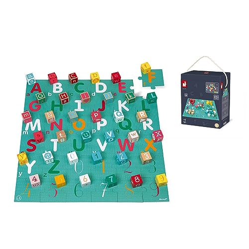 Janod - Kubix - 40 Bausteine + 36-teiliges Puzzle Buchstaben und Zahlen - Baustein-Spiel aus Massivholz + Puzzle-Spielmatte - praktische Aufbewahrung - Wasserfarben - ab 2 Jahren, J08307 von Janod