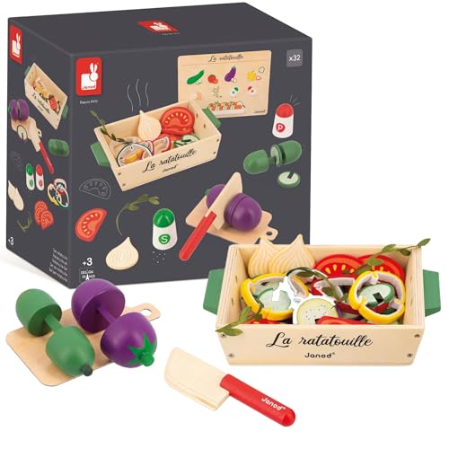 Janod Janod-Ratatouille-Spielset-32 Küchenzubehörteile-Rezept + Utensilien + Gemüse-Rollenspielzeug-Spielzeug aus FSC-Holz-Ab 3 Jahren, J06626, Mehrfarbig von Janod