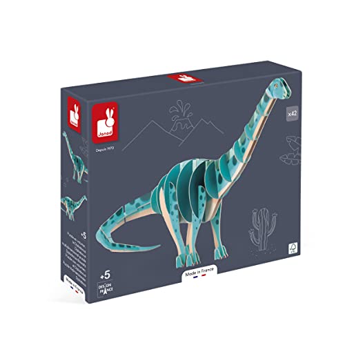 Janod Kinderpuzzle Diplodocus Dinosaurier-42-teiliges 3D-Puzzle-Bauspiel-FSC-Pappe Ab 5 Jahre, J05840, Blau von Janod