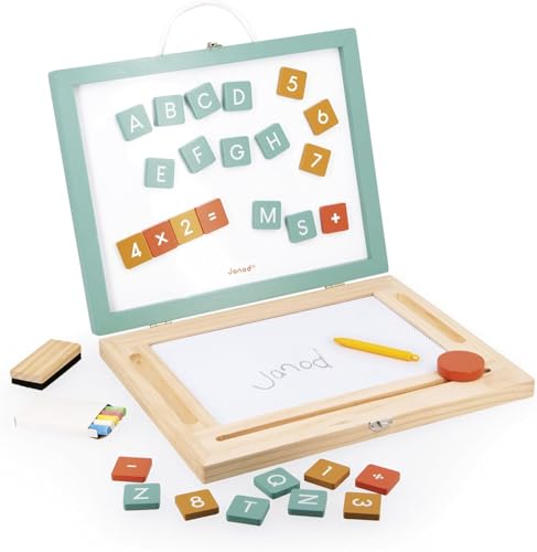 Janod Kindertafel aus Holz 4 in 1-Set mit 4 Aktivitäten: Zauberdrossel + Schwarze Tafel + Magnetische Weiße Tafel-49 Zubehörteile enthalten-Ab 3 Jahre, J09626 von Janod
