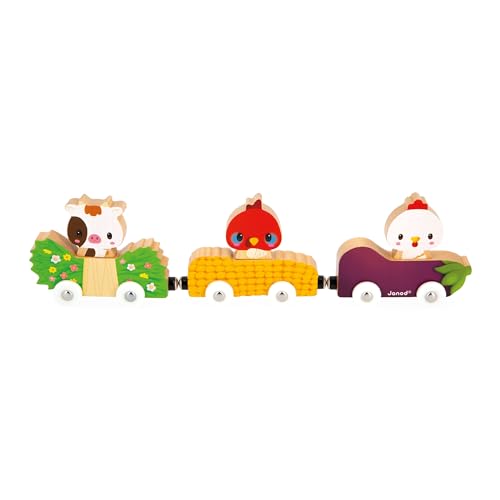 Janod LA Ferme Magnetische Bauernhoftiere-Baby-und Kleinkindspielzeug-3 Fahrzeuge + 3 Tiere Fördert die Handgeschicklichkeit-Spiel aus FSC-Holz-Ab 18 Monaten, J03316, Multicolor von Janod
