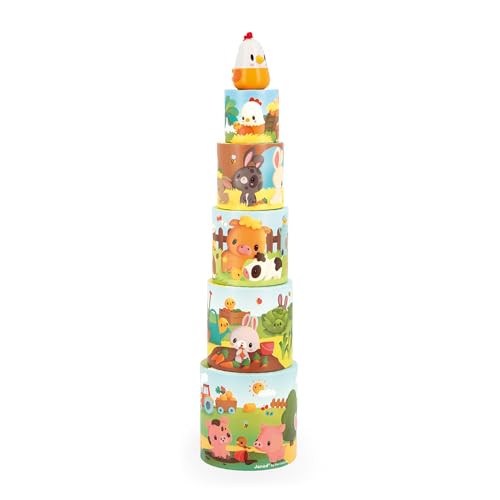 Janod - Meine erste Pyramide Bauernhoftiere - Baby- und Kleinkindspielzeug - 5 Stapelzylinder + 1 Holzhuhn- Fördert Handgeschicklichkeit und Fantasie - Ab 12 Monaten, J03310 von Janod