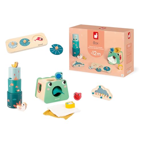Janod J04063 Baby-Spielbox 1 Jahr-Lernspielzeuge inkl. Puzzle zur Förderung der Motorik-Sensorisches Babyspiel-Frühförderung von Babys-Formsortierer-Kinderspielzeug ab 1 Jahr-J04063, Multicolor von Janod