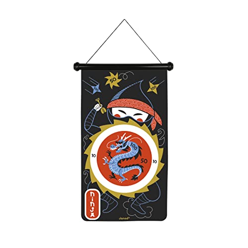 Janod Magnetisches Dartspiel Ninja-Motive-6 Plastikpfeile-Spiel aus Stoff, Beidseitig Nutzbar-Magnetspiel zum Aufhängen-Ab 4 Jahren, J02089, Mehrfarbig, 44 x 4 x 65 von Janod