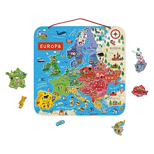 Janod - Magnetisches Puzzle Europakarte - Pädagogisches Holzpuzzle zum Lernen der Geographie - Europareise mit 40 Magneten - Zum Aufhängen an der Wand - Italienische Version - Ab 7 Jahren, J05475 von Janod