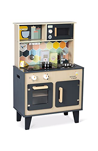 Janod - Mozaïc Big Cooker - Spielküche für Kinder - Kinderküche mit Sound und Licht - Holzküche mit 3 Zubehörteilen + 3 Lebensmittelkartons - Ab 3 Jahren, J06609, 53 x 30 x 87 cm von Janod