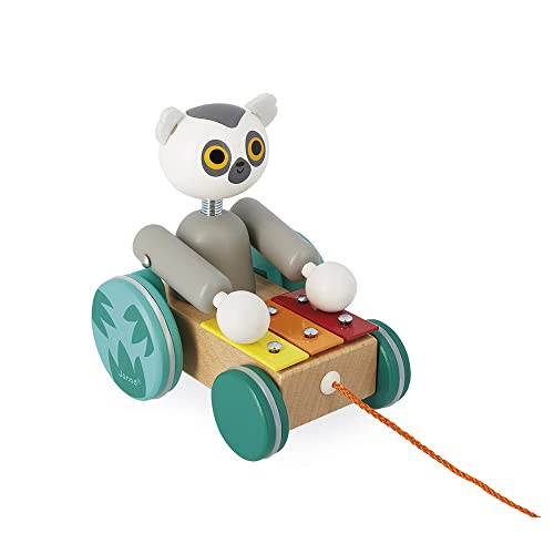 Janod - Musik-Lemur zum Ziehen Tropik - 2-in-1-Entwicklungsspielzeug aus Holz - Lernspielzeug - Gehen und Gleichgewicht - FSC-zertifiziert - Wasserfarbe - Ab 18 Monaten, J08270 von Janod