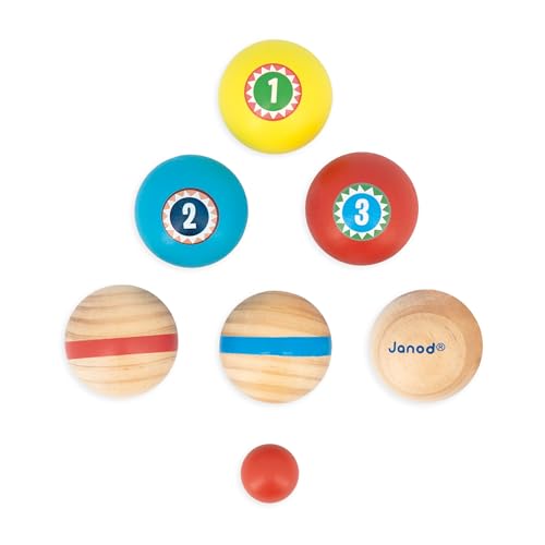 Janod - Pétanque-Spiel für Kinder Applepop - Geschicklichkeitsspiel - 6 Pétanque-Kugeln + 1 Zielkugel + 1 Beutel - Outdoor-Spiel Kinder - Spielzeug aus FSC-Holz - Ab 3 Jahre, J03365 von Janod