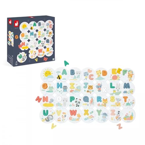 Janod Animals Pure Erstes Alphabet-28-Teiliges Puzzle + 26 Holzbuchstaben-Zum Lernen des Alphabets-Lernspielzeug-Ab 24 Monaten, J08045, Mehrfarbig von Janod