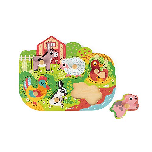Janod - Wooden Puzzle Happy Farm - 6 Pieces - Toddler Toy - For children from the Age of 18 Months, J07096 von Janod
