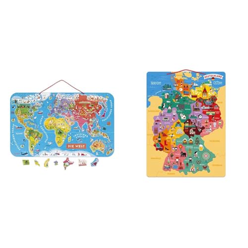 Janod Puzzle Weltkarte - Magnetische Landkarte aus Holz, 92 Magnetische Puzzle-Teile - 70 x 43 cm & Deutschlandkarte, magnetisch, Puzzle für Kinder aus Holz, 79 magnetische Teile, Entdecken und Merken von Janod