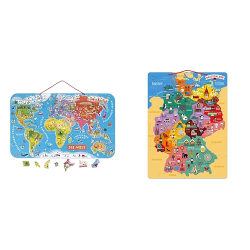 Janod Puzzle Weltkarte - Magnetische Landkarte aus Holz, 92 Teile - 70 x 43 cm & Deutschlandkarte, 79 Teile - Entdecken und Merken für Kinder von Janod