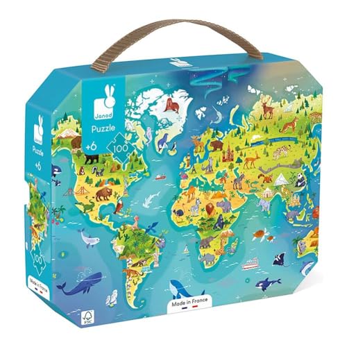 Janod - Kinderpuzzle Die Welt 100 Teile - Lernspiel Feinmotorik und Konzentration - Koffer mit Griff - Ab 6 Jahren, J02607 Janod - Kinderpuzzle Die Welt 100 Teile - Lernspiel Feinmotorik und Konzentration - Koffer mit Griff - Ab 6 Jahren, J02607 von Janod