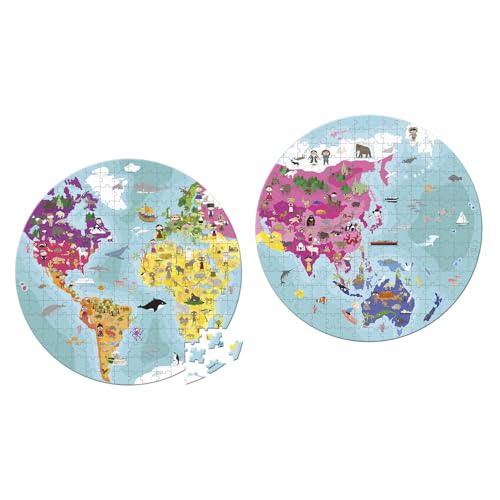 Janod - 208-teiliges Kinderpuzzle Welt - Beidseitig - Lernspiel Geografie - Entwicklung von Feinmotorik und Konzentration - Ab 7 Jahren, J02655 von Janod
