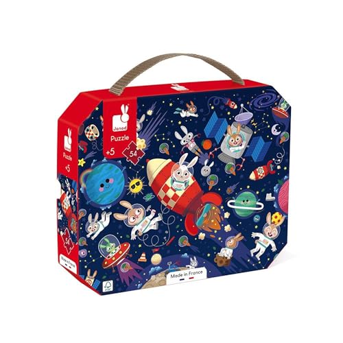 Janod - Puzzle Die Rakete - 54-teiliges Puzzle aus FSC-Pappe - Fördert Geduld und Konzentration Kinderpuzzle ab 5 Jahre, J02545, Blau von Janod