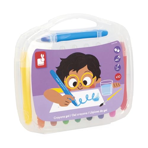 Janod – Set mit 10 aquarellierbaren Gelstiften – Drehmechanik für saubere Hände – Aquarellkreiden – leuchtende und deckende Farben – Kunststoffkoffer – ab 3 Jahren – J07416 von Janod