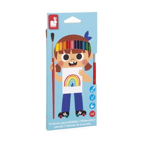 Janod – Set mit 12 Aquarellstiften + 1 Pinsel inklusive – Weiche und widerstandsfähige Mine – Zeichnen und Malen zugleich – Kreative Freizeitbeschäftigung – Ab 3 Jahren – J07415 von Janod