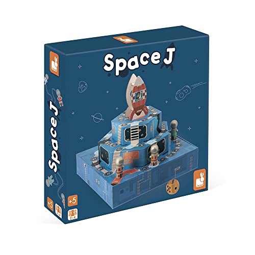Janod - Space J - Gesellschaftsspiel für Kinder - Thema Weltall- 3D-Brettspiel aus Holz und Pappe - 2 bis 4 Spieler - FSC-zertifiziert - ab 5 Jahre, J02474 von Janod